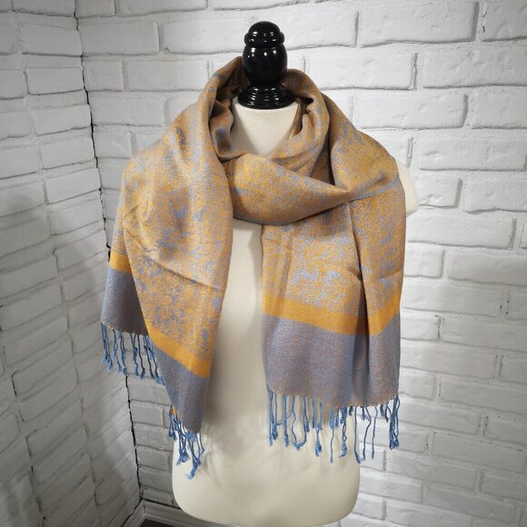 Pashmina Blue & Bronze Colored 100% Pashmina Scarf / Wrap with Fringes - Picture 1 of 4
